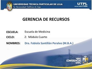 GERENCIA DE RECURSOS ESCUELA : NOMBRES: Escuela de Medicina Dra. Fabiola Santillán Peralvo (M.B.A.) CICLO: 2:  Módulo Cuarto 