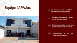 Transformamos a vida de
milhares de advogados
Movimentamos milhões de reais como
fruto destes benefícios concedidos
Já atuamos de forma direta e indireta
em mais de 8 mil processos
Já treinamos mais de 20mil
advogados nos últimos 5 anos
Equipe IAPAJus
 