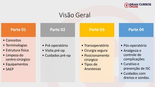 Visão Geral
Parte 01
• Conceitos
• Terminologias
• Estrutura física
• Limpeza do
centro cirúrgico
• Equipamentos
• SAEP
Parte 02
• Pré-operatório
• Visita pré-op
• Cuidados pré-op
Parte 03
• Transoperatório
• Cirurgia segura
• Posicionamento
cirúrgico
• Tipos de
Anestesias
Parte 04
• Pós-operatório
• Analgesia e
controle de
complicações
• Curativo e
prevenção de ISC
• Cuidados com
drenos e sondas.
 