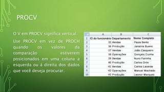 PROCV
O V em PROCV significa vertical.
Use PROCV em vez de PROCH
quando os valores da
comparação estiverem
posicionados em uma coluna a
esquerda ou á direita dos dados
que você deseja procurar.
 