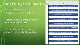VAMOS COLOCAR EM PRÁTICA
A sintaxe dessa fórmula é:
=CONT.SE(FAIXA;”CRITÉRIO”)
Fiquem atentos, o critério sempre
estará dentro de aspas.
Com a sintaxe dada, a partir da
célula H1, crie a planilha ao lado:
 