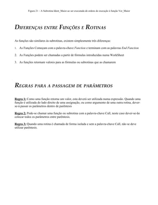 Figura 21 – A Subrotina Ident_Maior ao ser executada dá ordens de execução à função Ver_Maior
DIFERENÇAS ENTRE FUNÇÕES E ROTINAS
As funções são similares às subrotinas, existem simplesmente três diferenças:
1. As Funções Começam com a palavra-chave Function e terminam com as palavras End Function
2. As Funções podem ser chamadas a partir de fórmulas introduzidas numa WorkSheet
3. As funções retornam valores para as fórmulas ou subrotinas que as chamarem
REGRAS PARA A PASSAGEM DE PARÂMETROS
Regra 1: Como uma função retorna um valor, esta deverá ser utilizada numa expressão. Quando uma
função é utilizada do lado direito de uma assignação, ou como argumento de uma outra rotina, dever-
se-á passar os parâmetros dentro de parêntesis
Regra 2: Pode-se chamar uma função ou subrotina com a palavra-chave Call, neste caso dever-se-ão
colocar todos os parâmetros entre parêntesis.
Regra 3: Quando uma rotina é chamada de forma isolada e sem a palavra-chave Call, não se deve
utilizar parêntesis.
 