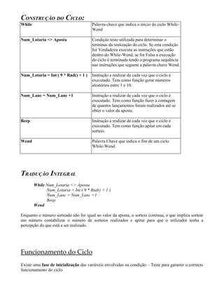 CONSTRUÇÃO DO CICLO:
While Palavra-chave que indica o inicio do ciclo While-
Wend
Num_Lotaria <> Aposta Condição teste utilizada para determinar o
terminus da realização do ciclo. Se esta condição
for Verdadeira executa as instruções que estão
dentro do While-Wend, se for Falsa a execução
do ciclo é terminada tendo o programa sequência
nas instruções que seguem a palavra chave Wend.
Num_Lotaria = Int ( 9 * Rnd() + 1 ) Instrução a realizar de cada vez que o ciclo é
executado. Tem como função gerar números
aleatórios entre 1 e 10.
Num_Lanc = Num_Lanc +1 Instrução a realizar de cada vez que o ciclo é
executado. Tem como função fazer a contagem
de quantos lançamentos foram realizados até se
obter o valor da aposta.
Beep Instrução a realizar de cada vez que o ciclo é
executado. Tem como função apitar em cada
sorteio.
Wend Palavra Chave que indica o fim de um ciclo
While-Wend.
TRADUÇÃO INTEGRAL
While Num_Lotaria <> Aposta
Num_Lotaria = Int ( 9 * Rnd() + 1 )
Num_Lanc = Num_Lanc +1
Beep
Wend
Enquanto o número sorteado não for igual ao valor da aposta, o sorteio continua, o que implica sortear
um número contabilizar o número de sorteios realizados e apitar para que o utilizador tenha a
percepção do que está a ser realizado.
Funcionamento do Ciclo
Existe uma fase de inicialização das variáveis envolvidas na condição – Teste para garantir o correcto
funcionamento do ciclo.
 