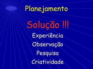 Planejamento
Solução !!!
Experiência
Observação
Pesquisa
Criatividade
 