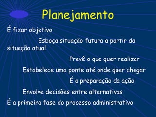 Planejamento
É fixar objetivo
Esboça situação futura a partir da
situação atual
Prevê o que quer realizar
Estabelece uma ponte até onde quer chegar
É a preparação da ação
Envolve decisões entre alternativas
É a primeira fase do processo administrativo
 