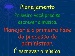 Planejamento
Primeiro você precisa
escrever a música.
Planejar é a primeira fase
do processo de
administrar.
É escrever a música.
 