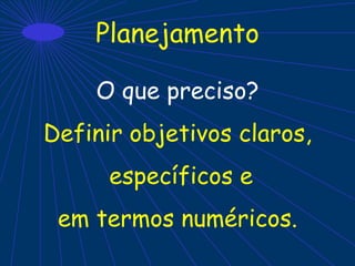 Planejamento
O que preciso?
Definir objetivos claros,
específicos e
em termos numéricos.
 