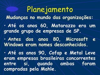 Planejamento
Mudanças no mundo das organizações:
• Até os anos 60, Matarazzo era um
grande grupo de empresas de SP.
• Antes dos anos 80, Microsoft e
Windows eram nomes desconhecidos.
• Até os anos 90, Cofap e Metal Leve
eram empresas brasileiras concorrentes
entre si, quando ambas foram
compradas pela Mahle.
 