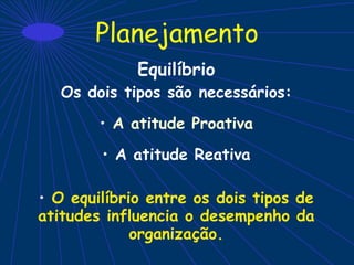 Planejamento
Equilíbrio
Os dois tipos são necessários:
• A atitude Proativa
• A atitude Reativa
• O equilíbrio entre os dois tipos de
atitudes influencia o desempenho da
organização.
 