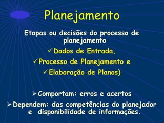 Planejamento
Etapas ou decisões do processo de
planejamento
Dados de Entrada,
Processo de Planejamento e
Elaboração de Planos)
Comportam: erros e acertos
Dependem: das competências do planejador
e disponibilidade de informações.
 