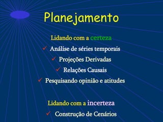 Planejamento
Lidando com a certeza
 Análise de séries temporais
 Projeções Derivadas
 Relações Causais
 Pesquisando opinião e atitudes
Lidando com a incerteza
 Construção de Cenários
 
