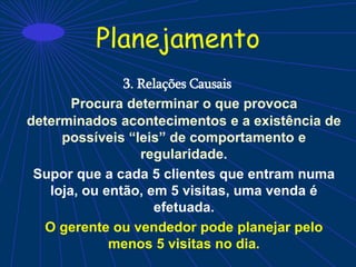 Planejamento
3. Relações Causais
Procura determinar o que provoca
determinados acontecimentos e a existência de
possíveis “leis” de comportamento e
regularidade.
Supor que a cada 5 clientes que entram numa
loja, ou então, em 5 visitas, uma venda é
efetuada.
O gerente ou vendedor pode planejar pelo
menos 5 visitas no dia.
 