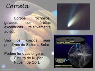 Cometa
Corpos rochosos,
gelados, com órbitas
excêntricas relativamente
ao sol.
São os corpos mais
primitivos do Sistema Solar.
Podem ter duas origens:
Cintura de Kuiper
Nuvem de Oort.
 