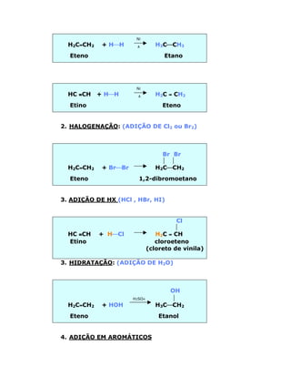Ni
  H2C=CH2    + HæH      D         H3CæCH3
  Eteno                              Etano




                        Ni
  HC ≡CH    + HæH        D        H2C = CH2
  Etino                             Eteno


2. HALOGENAÇÃO: (ADIÇÃO DE Cl2 ou Br2)



                                    Br Br
                                     
  H2C=CH2    + BræBr              H2CæCH2
  Eteno                  1,2-dibromoetano


3. ADIÇÃO DE HX (HCl , HBr, HI)


                                         Cl
                                        
  HC ≡CH    + HæCl                H2C = CH
  Etino                           cloroeteno
                               (cloreto de vinila)

3. HIDRATAÇÃO: (ADIÇÃO DE H2O)



                                      OH
                       H2SO4          
  H2C=CH2    + HOH                H3CæCH2
  Eteno                            Etanol


4. ADIÇÃO EM AROMÁTICOS
 