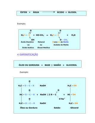 ÉSTER      +    ÁGUA                      ÁCIDO + ÁLCOOL




Exemplo:


           O                                  O
         //                                 //
   H3C æ C   + HO-CH3           ¤     H3C æ C      +          H2O
                                            
            OH                                O æCH3
   Ácido Etanóico    Metanol           Etanoato de Metila
           ou            ou             Acetato de Metila
    Ácido Acético   Álcool Metílico



e) SAP0NIFICAÇÃO



 ÓLEO OU GORDURA          +    BASE ‡ SABÃO       +   GLICEROL


  Exemplo:



             O
             

H2C – O – C – R          NaOH                          H2C - OH

             O                            O
             
                                       //
  HC – O – C – R    +    NaOH ‡ 3 R – C       +        HC - OH
                                        
             O                             O-Na+
             

 H2C – O – C – R         NaOH                               H2C - OH

  Óleo ou Gordura                       Sabão                Glicerol
 