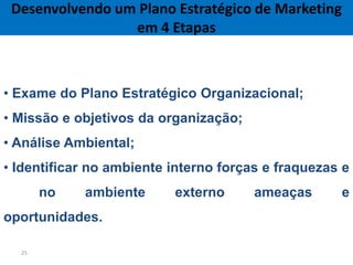 Desenvolvendo um Plano Estratégico de Marketing
                 em 4 Etapas



• Exame do Plano Estratégico Organizacional;
• Missão e objetivos da organização;
• Análise Ambiental;
• Identificar no ambiente interno forças e fraquezas e
       no   ambiente      externo      ameaças      e
oportunidades.

  25
 