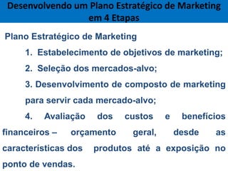 Desenvolvendo um Plano Estratégico de Marketing
                 em 4 Etapas
Plano Estratégico de Marketing
     1. Estabelecimento de objetivos de marketing;
     2. Seleção dos mercados-alvo;
     3. Desenvolvimento de composto de marketing
     para servir cada mercado-alvo;
     4.   Avaliação   dos   custos     e    benefícios
financeiros –   orçamento     geral,       desde   as
características dos   produtos até a exposição no
ponto de vendas.
  26
 