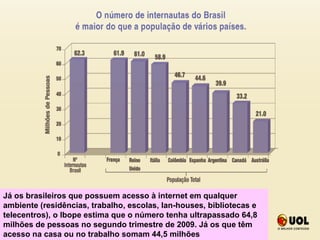|Revoluçãodigital|
23
A U L
A
Já os brasileiros que possuem acesso à internet em qualquer
ambiente (residências, trabalho, escolas, lan-houses, bibliotecas e
telecentros), o Ibope estima que o número tenha ultrapassado 64,8
milhões de pessoas no segundo trimestre de 2009. Já os que têm
acesso na casa ou no trabalho somam 44,5 milhões
 
