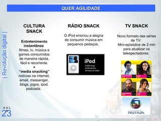 |Revoluçãodigital|
23
A U L
A
CULTURA
SNACK
Entretenimento
instantâneo
filmes, tv, música e
games consumidos
de maneira rápida,
fácil e recorrente.
+
“media snacking”
notícias na internet,
email, messenger,
blogs, jogos, ipod,
podcasts.
RÁDIO SNACK
O iPod ensinou a alegria
de consumir música em
pequenos pedaços.
TV SNACK
Novo formato das séries
de TV:
Mini-episódios de 2 min
para atualizar os
telespectadores.
QUER AGILIDADEQUER AGILIDADE
 