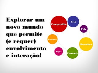 |Revoluçãodigital|
23
A U L
A
Explorar um
novo mundo
que permite
(e requer)
envolvimento
e interação!
Leia
Compartilhe
Fale
Jogue
Descubra
Colabore
Comente
 