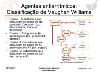 Agentes antiarrítmicos: Classificação de Vaughan Williams Classe I: Substâncias que bloqueiam os canais de Na +  sensíveis à voltagem (ex.: disopiramida, lidocaína, flecainida) Classe II: Antagonistas  β -adrenérgicos (ex.: propanolol, atenolol) Classe III: Substâncias que bloqueiam os canais de K + , prolongando o PA (ex.: sotalol) Classe IV: Substâncias que bloqueiam os canais de Ca 2+  (ex.: verapamil) 