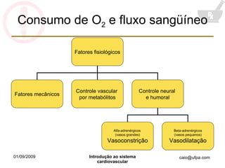 Consumo de O 2  e fluxo sangüíneo Fatores fisiológicos Fatores mecânicos Controle vascular  por metabólitos Controle neural  e humoral Alfa-adrenérgicos  (vasos grandes) Vasoconstrição Beta-adrenérgicos (vasos pequenos) Vasodilatação 
