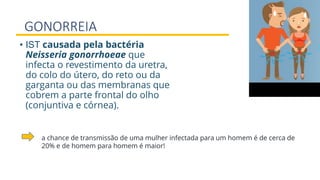 GONORREIA
• IST causada pela bactéria
Neisseria gonorrhoeae que
infecta o revestimento da uretra,
do colo do útero, do reto ou da
garganta ou das membranas que
cobrem a parte frontal do olho
(conjuntiva e córnea).
a chance de transmissão de uma mulher infectada para um homem é de cerca de
20% e de homem para homem é maior!
 