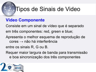 Tipos de Sinais de Video
Vídeo Componente
Consiste em um sinal de vídeo que é separado
em três componentes: red, green e blue;
Apresenta o melhor esquema de reprodução de
cores → não há interferência
entre os sinais R, G ou B.
Requer maior largura de banda para transmissão
e boa sincronização dos três componentes
 