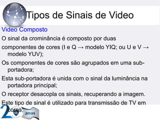 Tipos de Sinais de Video
Video Composto
O sinal da crominância é composto por duas
componentes de cores (I e Q → modelo YIQ; ou U e V →
modelo YUV);
Os componentes de cores são agrupados em uma sub-
portadora;
Esta sub-portadora é unida com o sinal da luminância na
portadora principal;
O receptor desacopla os sinais, recuperando a imagem.
Este tipo de sinal é utilizado para transmissão de TV em
cores;
 