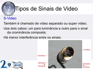 Tipos de Sinais de Video
S-Video
Também é chamado de vídeo separado ou super vídeo;
Usa dois cabos: um para luminância e outro para o sinal
da crominância composta;
Há menor interferência entre os sinais;
 
