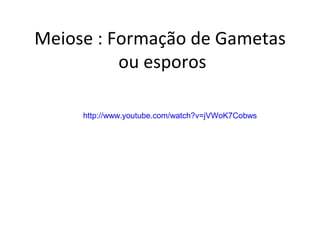 Meiose : Formação de Gametas
          ou esporos

     http://www.youtube.com/watch?v=jVWoK7Cobws
 