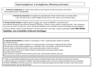 Espermatogênese e ovulogênese: diferenças principais

1.     Período de multiplicação por mitoses: Nas mulheres, ocorre apenas na vida intra uterina, nos homens,
     Ocorre apenas a partir da puberdade

                  2.Período de crescimento: As ovogônias 2n originadas por mitose crescem muito e acumulam vitelo ,
                      o que não ocorre com as espermatogônias, que crescem bem pouco e nào acumulam vitelo.


 3 .Primeira divisão meiótica: As gônias geram os citos I, que entram em MEIOSE I, resultando citos II.
 Nas mulheres eles geram duas células de tamanhos diferentes: Ovócito I rico em vitelo e o corpúsculo polar I , bem pequeno e
 sem vitelo. Isso ocorre na vida intra -uterina. São células Haplóides, com cromátides irmãs,sem homólogos.As epermatogônias,
 entram em divisão I e geram 2 espermatócitos I de mesmo tamanho e sem vitelo , só após a puberdade. CITOS I São      células
 Haplóides, com cromátides irmãs,sem homólogos



     4. Segunda divisão Meiótica: O ovócito I e seu pequeno irmão , corpúsculo polar I devem ser expulsos
     do ovário nesta fase.
     Caso haja fecundação surgirão o Ovócito II e o corpúsculo polar II. Estes fazem a segunda divisão meiótica,
     Gerando cada um duas células haplóides sem cromátides irmãs. Uma ovóide e um minúsculo corpúsculo
      polar II,vindos da divisão do ovócito I, e dois corpúsculos polares, vindos do anterior.
     Os espermatócitos I entram em divisão meiótica e sempre geram duas céluas cada um.Estas,
     chamadas espermatócitos II
     Após finalizarem a segunda divisão meiótica, geram duas espermátides haplóides cada uma.


 5. Todos as espermátides haplóides passam por processo de diferenciação celular, formando acrossomo com enzimas,
  corpúsculo basal com mitocôndrias e flagelo. Cada espermatogônia gerou, portanto 4 espermatozóides funcionais haplóides.
 Par CADA OVOGÔNIA entretanto, apenas um óvulo (e três corpúsculos polares )será formado. O óvulo é muito maior que os
 corpúsculos polares, que nào sào funcionais.
 