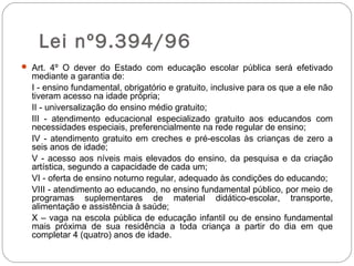 Lei nº9.394/96
 Art. 4º O dever do Estado com educação escolar pública será efetivado
mediante a garantia de:
I - ensino fundamental, obrigatório e gratuito, inclusive para os que a ele não
tiveram acesso na idade própria;
II - universalização do ensino médio gratuito;
III - atendimento educacional especializado gratuito aos educandos com
necessidades especiais, preferencialmente na rede regular de ensino;
IV - atendimento gratuito em creches e pré-escolas às crianças de zero a
seis anos de idade;
V - acesso aos níveis mais elevados do ensino, da pesquisa e da criação
artística, segundo a capacidade de cada um;
VI - oferta de ensino noturno regular, adequado às condições do educando;
VIII - atendimento ao educando, no ensino fundamental público, por meio de
programas suplementares de material didático-escolar, transporte,
alimentação e assistência à saúde;
X – vaga na escola pública de educação infantil ou de ensino fundamental
mais próxima de sua residência a toda criança a partir do dia em que
completar 4 (quatro) anos de idade.
 