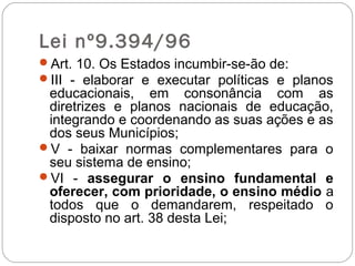 Lei nº9.394/96
Art. 10. Os Estados incumbir-se-ão de:
III - elaborar e executar políticas e planos
educacionais, em consonância com as
diretrizes e planos nacionais de educação,
integrando e coordenando as suas ações e as
dos seus Municípios;
V - baixar normas complementares para o
seu sistema de ensino;
VI - assegurar o ensino fundamental e
oferecer, com prioridade, o ensino médio a
todos que o demandarem, respeitado o
disposto no art. 38 desta Lei;
 