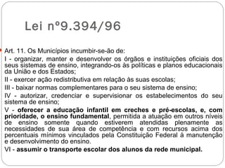 Lei nº9.394/96
 Art. 11. Os Municípios incumbir-se-ão de:
I - organizar, manter e desenvolver os órgãos e instituições oficiais dos
seus sistemas de ensino, integrando-os às políticas e planos educacionais
da União e dos Estados;
II - exercer ação redistributiva em relação às suas escolas;
III - baixar normas complementares para o seu sistema de ensino;
IV - autorizar, credenciar e supervisionar os estabelecimentos do seu
sistema de ensino;
V - oferecer a educação infantil em creches e pré-escolas, e, com
prioridade, o ensino fundamental, permitida a atuação em outros níveis
de ensino somente quando estiverem atendidas plenamente as
necessidades de sua área de competência e com recursos acima dos
percentuais mínimos vinculados pela Constituição Federal à manutenção
e desenvolvimento do ensino.
VI - assumir o transporte escolar dos alunos da rede municipal.
 