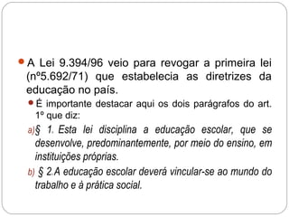 A Lei 9.394/96 veio para revogar a primeira lei
(nº5.692/71) que estabelecia as diretrizes da
educação no país.
É importante destacar aqui os dois parágrafos do art.
1º que diz:
a)§ 1o Esta lei disciplina a educação escolar, que se
desenvolve, predominantemente, por meio do ensino, em
instituições próprias.
b) § 2o A educação escolar deverá vincular-se ao mundo do
trabalho e à prática social.
 