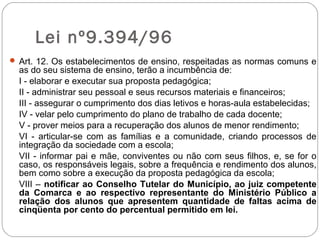 Lei nº9.394/96
 Art. 12. Os estabelecimentos de ensino, respeitadas as normas comuns e
as do seu sistema de ensino, terão a incumbência de:
I - elaborar e executar sua proposta pedagógica;
II - administrar seu pessoal e seus recursos materiais e financeiros;
III - assegurar o cumprimento dos dias letivos e horas-aula estabelecidas;
IV - velar pelo cumprimento do plano de trabalho de cada docente;
V - prover meios para a recuperação dos alunos de menor rendimento;
VI - articular-se com as famílias e a comunidade, criando processos de
integração da sociedade com a escola;
VII - informar pai e mãe, conviventes ou não com seus filhos, e, se for o
caso, os responsáveis legais, sobre a frequência e rendimento dos alunos,
bem como sobre a execução da proposta pedagógica da escola;
VIII – notificar ao Conselho Tutelar do Município, ao juiz competente
da Comarca e ao respectivo representante do Ministério Público a
relação dos alunos que apresentem quantidade de faltas acima de
cinqüenta por cento do percentual permitido em lei.
 