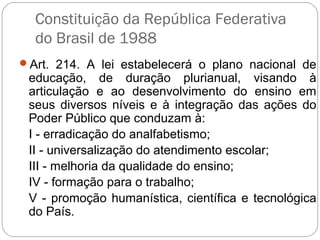 Constituição da República Federativa
do Brasil de 1988
Art. 214. A lei estabelecerá o plano nacional de
educação, de duração plurianual, visando à
articulação e ao desenvolvimento do ensino em
seus diversos níveis e à integração das ações do
Poder Público que conduzam à:
I - erradicação do analfabetismo;
II - universalização do atendimento escolar;
III - melhoria da qualidade do ensino;
IV - formação para o trabalho;
V - promoção humanística, científica e tecnológica
do País.
 