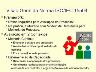 Visão Geral da Norma ISO/IEC 15504
Framework:
 Define requisitos para Avaliação de Processo;
 Na prática, é utilizado com Modelo de Referência para
Melhoria de Processo.
Avaliação em 2 Contextos:
 Melhoria Contínua
 Entender o estado dos processos
 Avaliação identifica oportunidades de
melhoria
 Foca na melhoria de processo
 Determinação da Capacidade
 Determinar a adequação dos processos
 Geralmente realizada para uma organização
interessada em contratar a organização avaliada como fornecedor
ISO/IEC
15504
 