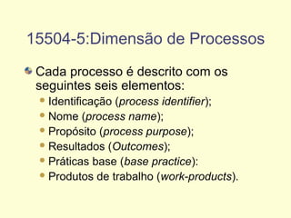 15504-5:Dimensão de Processos
Cada processo é descrito com os
seguintes seis elementos:
Identificação (process identifier);
Nome (process name);
Propósito (process purpose);
Resultados (Outcomes);
Práticas base (base practice):
Produtos de trabalho (work-products).
 