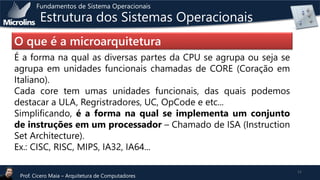 Fundamentos de Sistema Operacionais

Estrutura dos Sistemas Operacionais

O que é a microarquitetura
É a forma na qual as diversas partes da CPU se agrupa ou seja se
agrupa em unidades funcionais chamadas de CORE (Coração em
Italiano).
Cada core tem umas unidades funcionais, das quais podemos
destacar a ULA, Regristradores, UC, OpCode e etc...
Simplificando, é a forma na qual se implementa um conjunto
de instruções em um processador – Chamado de ISA (Instruction
Set Architecture).
Ex.: CISC, RISC, MIPS, IA32, IA64...
Prof. Cicero Maia – Arquitetura de Computadores

11

 