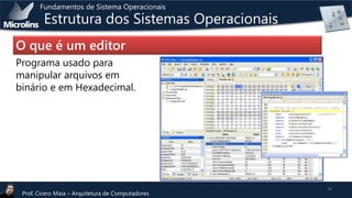 Fundamentos de Sistema Operacionais

Estrutura dos Sistemas Operacionais

O que é um editor
Programa usado para
manipular arquivos em
binário e em Hexadecimal.

Prof. Cicero Maia – Arquitetura de Computadores

19

 