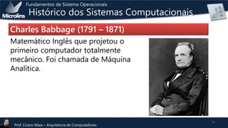 Fundamentos de Sistema Operacionais

Histórico dos Sistemas Computacionais

Charles Babbage (1791 – 1871)
Matemático Inglês que projetou o
primeiro computador totalmente
mecânico. Foi chamada de Máquina
Analítica.

Prof. Cicero Maia – Arquitetura de Computadores

22

 