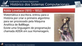 Fundamentos de Sistema Operacionais

Histórico dos Sistemas Computacionais

Adda Lovelace (1815 – 1852)
Matemática e escritora, entrou para a
História por criar o primeiro algoritmo
para ser processado pela Máquina
Analítica de BaBBage.
Existe uma linguagem de programação
chamada ADDA em sua Homenagem.

Prof. Cicero Maia – Arquitetura de Computadores

23

 