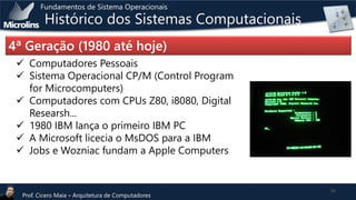 Fundamentos de Sistema Operacionais

Histórico dos Sistemas Computacionais

4ª Geração (1980 até hoje)
 Computadores Pessoais
 Sistema Operacional CP/M (Control Program
for Microcomputers)
 Computadores com CPUs Z80, i8080, Digital
Researsh...
 1980 IBM lança o primeiro IBM PC
 A Microsoft licecia o MsDOS para a IBM
 Jobs e Wozniac fundam a Apple Computers

Prof. Cicero Maia – Arquitetura de Computadores

31

 