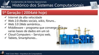 Fundamentos de Sistema Operacionais

Histórico dos Sistemas Computacionais

5ª Geração ( 2004até hoje)
Internet de alta velocidade
Web 2.0 (Redes sociais, wikis, fóruns...
Web 3.0 (Web semântica...
Middleware – programa que converge uma ou
varias bases de dados em um só
 Cloud Computers – Serviços web,
 Tablets, Smartphones...





Prof. Cicero Maia – Arquitetura de Computadores

32

 