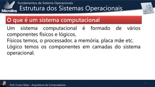 Fundamentos de Sistema Operacionais

Estrutura dos Sistemas Operacionais

O que é um sistema computacional
Um sistema computacional é formado de vários
componentes físicos e lógicos.
Físicos temos, o processador, a memória, placa mãe etc.
Lógico temos os componentes em camadas do sistema
operacional.

Prof. Cicero Maia – Arquitetura de Computadores

6

 