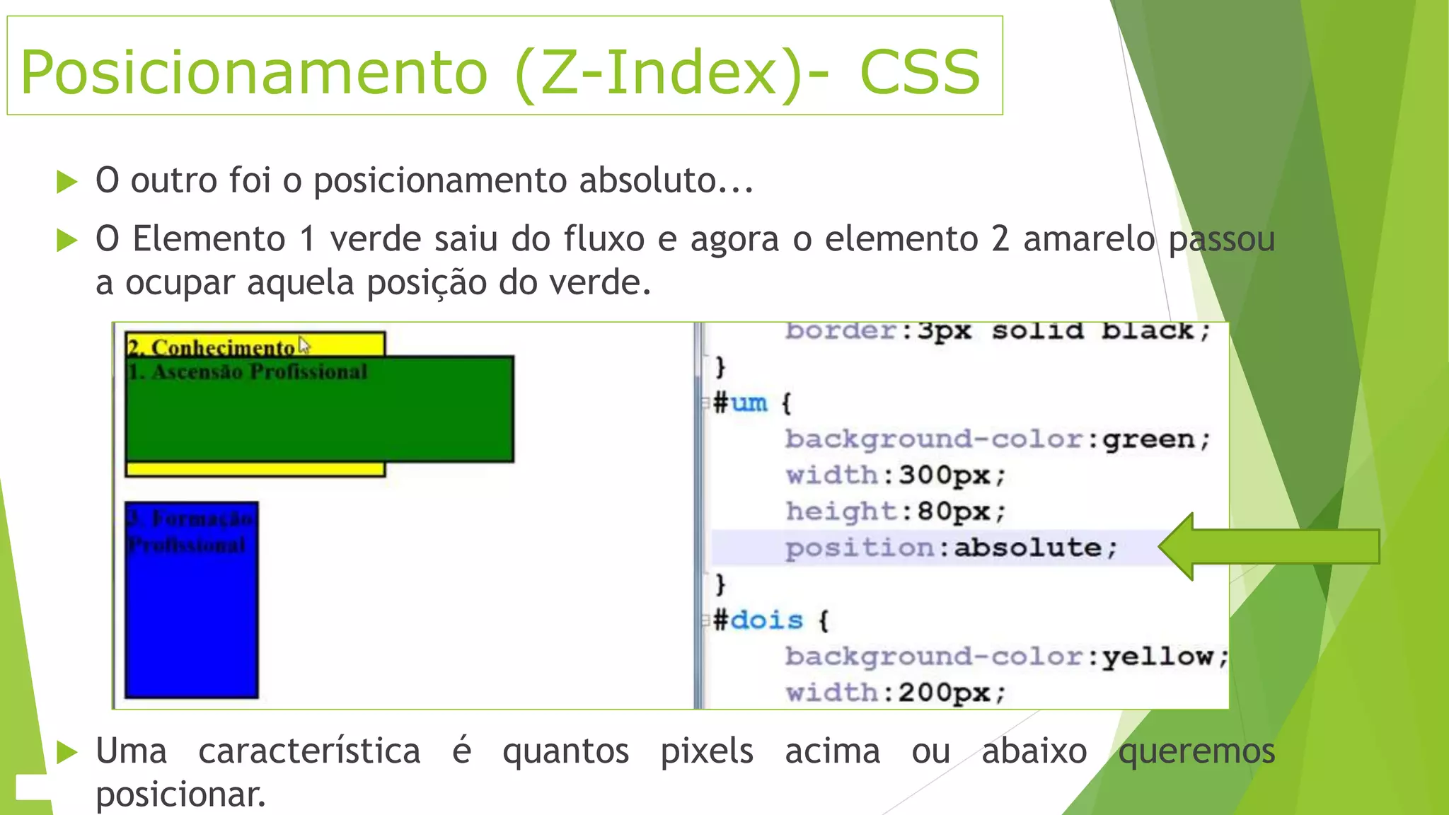 Posicionamento (Z-Index)- CSS
 O outro foi o posicionamento absoluto...
 O Elemento 1 verde saiu do fluxo e agora o elemento 2 amarelo passou
a ocupar aquela posição do verde.
 Uma característica é quantos pixels acima ou abaixo queremos
posicionar.
 