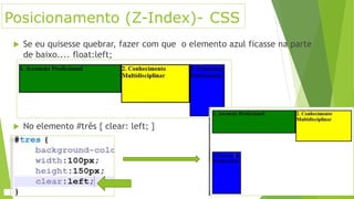 Posicionamento (Z-Index)- CSS
 Se eu quisesse quebrar, fazer com que o elemento azul ficasse na parte
de baixo.... float:left;
 No elemento #três { clear: left; }
 