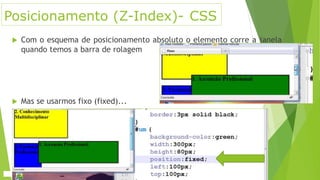 Posicionamento (Z-Index)- CSS
 Com o esquema de posicionamento absoluto o elemento corre a janela
quando temos a barra de rolagem
 Mas se usarmos fixo (fixed)...
 